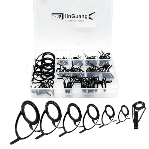 LINGUANG 85 pcs Black Surf Bait Casting Spinning Rod Fishing Line Guides and Tips Saltwater,Double Legged Stainless Steel Ceramics Eyelet Repair Replacement Kit(75pcs Guide and 10 pcs Tips)