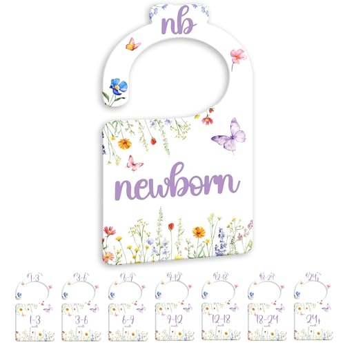 Image of Watercolor Wildflowers Baby Closet Dividers for Nursery Closet Organizer, Newborn to 24 Months Size Clothes, Purple Butterfly Hangers with Size Dividers, Double Sided