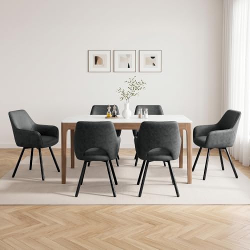 JIJIAN 360° Esszimmerstuhl Drehbar 6er Set in Technikgewebe, Grau | Moderner Küchenstuhl, Polsterstuhl mit armlehne, Metallbeine, Tech Stoff, drehbar stühle für Esszimmer, Schlafzi