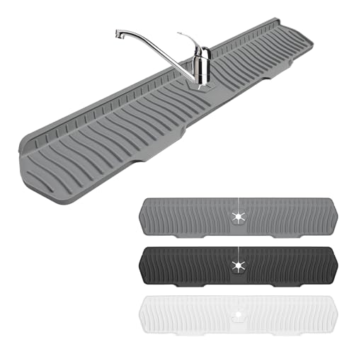 Image of Sink Drain Mat Behind Faucet,Faucet Guard Draining Mat, 90 Foldable Tap Draining Mat for Kitchen Sink with 2 Water Ports, Faucet Drain Mats for Kitchen, Bathroom, etc (Gray, 29.5 inch*6.1 inch)