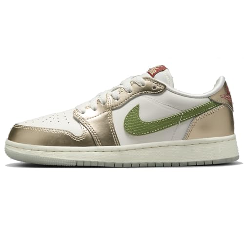 NIKE Air Jordan 1 Retro Low OG Chinese New Year Big Kids' Shoes (FQ6593-100, Sail/Metallic Gold Grain/Cedar/Oil Green) Size 6.5