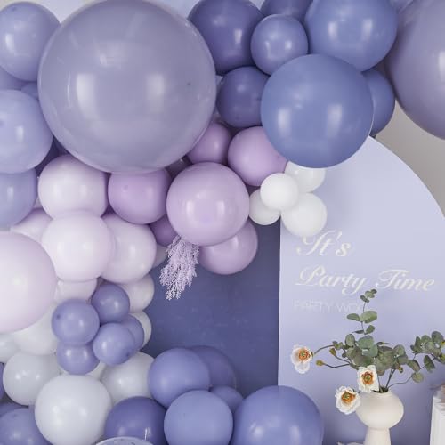 Image of PartyWoo Purple Balloon Arch Kit Garland 140 pcs Shades of Purple Lavender Lilac Balloons Different Sizes of 18 12 10 5 Inch for Baby Shower Butterfly Wedding Birthday Fairy Party Decorations
