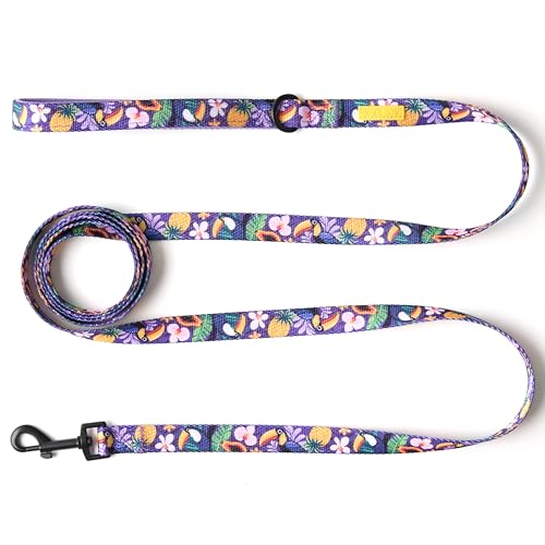 KIKI & RIKI Dog Leash for Small Dogs & Puppies 6 ft Nylon Leash with Soft Padded Handle Strong & Durable for Daily Walks Size S (0.59 in / 1.5 cm) Artist-Designed Print Purple (Tropical Vibes)