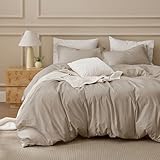 Bedsure 100% Washed Cotton Duvet Cover Queen Size - Frosted Almond Minimalist Cotton Duvet Cover Linen Like for All Seasons - GentleSoft™ Plain Simple Bedding, Frosted Almond, Queen, 90'x90'