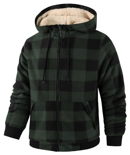 Image of Mens Plaid Hoodies Winter Zip Up Fleece Jacket Sherpa Fleece Lined Warm Flannel Jacket Coat
