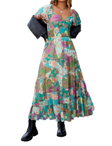 Women Floral Maxi Dress Short Puff Sleeve V Neck Bohemian Flowy Dress Smocked Casual Spring Summer Dresses