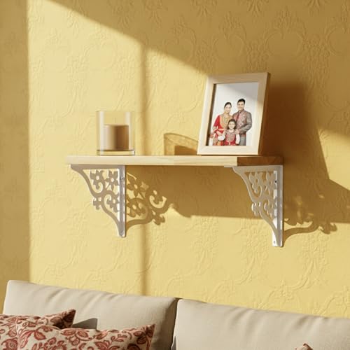 Image of Wall Shelf with Wooden Top Black|White Iron Brackets Storage Rack|Industrial Wall-Mounted Floating Shelf for Living Room,Kitchen,Bathroom (White Triple Floral Small)