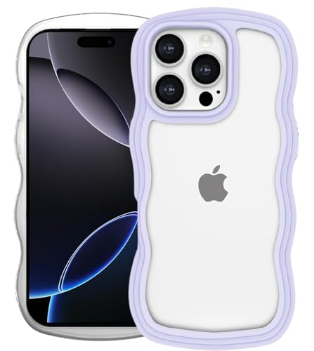 Image of GoldKart iPhone 16 Pro Max Case Wavy Edge Clear Back Design, Anti-Slip Grip Cute Wave Curly Frame Shape Shockproof Soft TPU & Hard PC Bumper Protective Phone Case Cover for Women Girls - Purple