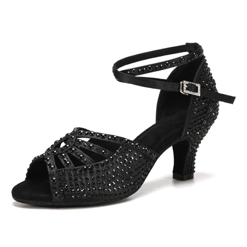 Image of JUODVMP Women's Latin Dance Shoes Rhinestones Satin Ballroom Dancing Shoes Salsa Professional Dance Shoes