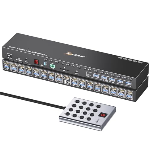 Image of 16 Ports KVM Switch HDMI 4K@60Hz EDID Simulation,1U Rack Mount KVM Switch for 16 Computers, with 6 USB3.0 Port for USB Peripherals,TF /SD,Audio,RS232, Wired Remote & 12V Power + 16 USB Cable Included