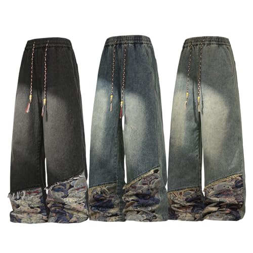 Mens Distressed Patchwork Jeans Vintage Baggy Hip Hop Drawstring Denim Pants3