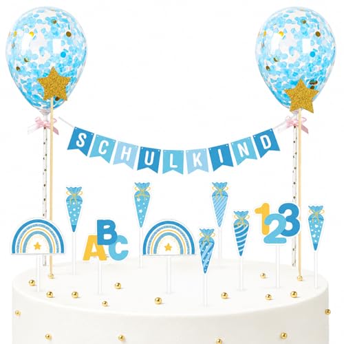Gleevio 23 Stück Blau Tortendeko Einschulung Junge 2026 Schulkind Cake Topper Girlande Papier Kuchen Deko Einschulung mit ABC 123 Schultüte Cupcake Deko Schulkind Tortendeko für 1. Schultag Partydeko