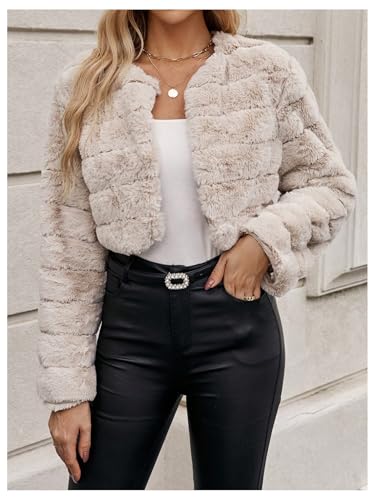 Verdusa Women's Faux Fur Cropped Jacket Solid Open Front Long Sleeve Outerwear Flannel Fuzzy Crop Coat3