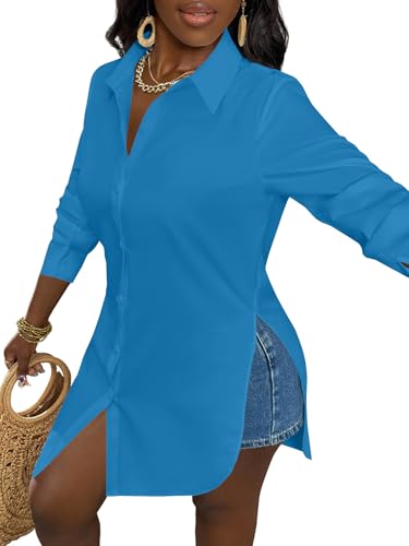 Image of LYANER Women's Collar Neck Long Sleeve Button Down Shirts Sexy Split Hem Tops Long Blouse Shirt Dress