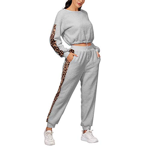 2 Piezas Chándal de Mujer Conjunto de Traje Deportivo Camiseta de Manga Larga Pantalones Largos Ropa Suelta y Cálida de Casa con Estampado de Leopardo Casual (Gris, XL)