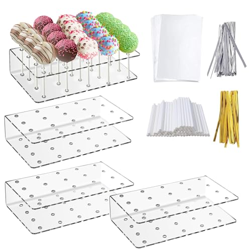 CafullCon 4PCS Cake Pop Stand 20 Holes Lollipop Holder with 100 Cake Pop Sticks & 100 Gold Twist Ties & 100 Lollipop Bag Clear Acrylic Cake Pop Display Stand for Parties Weddings Birthdays Christmas