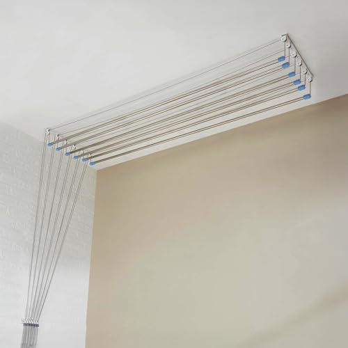 Image of Amazon Basics Heavy-Duty Stainless Steel Ceiling Cloth Dryer (6 Pipes x 5 Feet) with UV-Protected Nylon Ropes - Pulley Operated Drying Rack for Balcony - Space-Saving Design