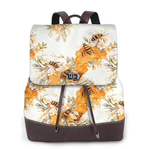 Honey Bee Honeycomb Flower Lightweight Daypack Bag Microfiber PU Leather Backpack for Travel Business Commute Gym