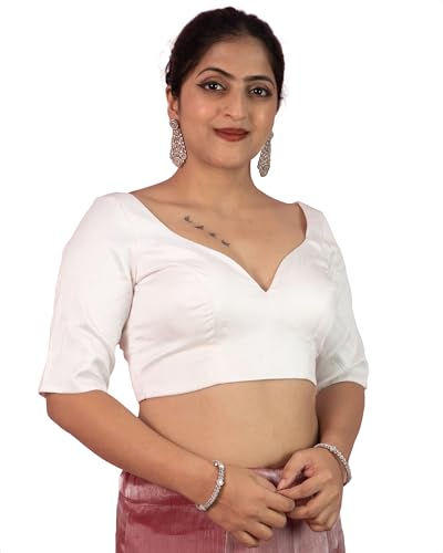 Image of FIGURE'S DESIGNER Women's Dupion Raw Silk Half Elbow Sleeves Sweetheart V Neck Sabyasachi Cut Readymade Saree Blouse S10