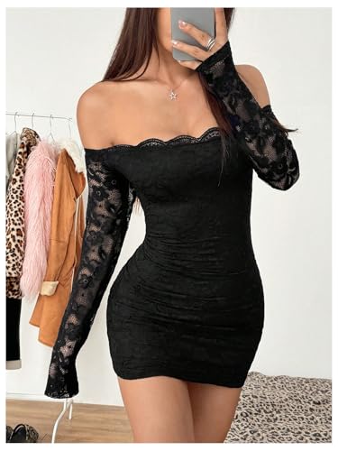 Milumia Women's Off The Shoulder Lace Mini Dress Sexy Long Sleeve Bodycon Party Short Dresses4