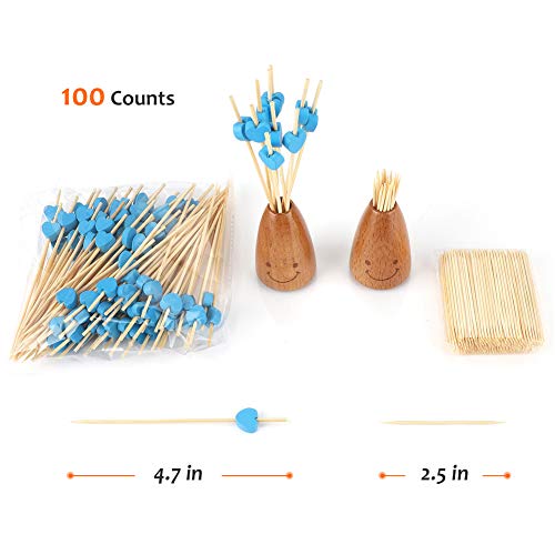 Minisland Sky Blue Love Heart Cocktail Picks, 4.7 Inch Long Bamboo Fancy Toothpicks for Appetizers, Decorative Baby Shower Wedding Valentines Party Food Drinks Fruit Skewer Sticks 100 Counts -MSL133 - Thumbnail 2