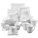 MALACASA, Serie Mario, 36 TLG. Cremeweiß Porzellan Geschirrset Kombiservice Tafelservice mit je 6 Stück Kaffeetassen, Kaffeebecher, Untertassen, Dessertteller, Suppenteller und Flachteller