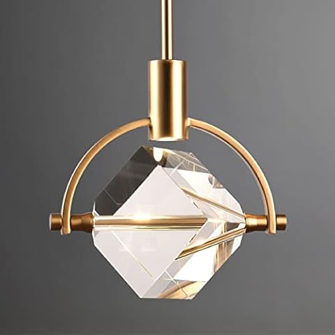 Camastar Brass Pendant Light, Cube Crystal Pendant Light Fixture for Kitchen Island, Modern Small Pendant Ceiling Dimmable Light for Dining Room, Vanity Pendant Haging Light for Bedroom Cover