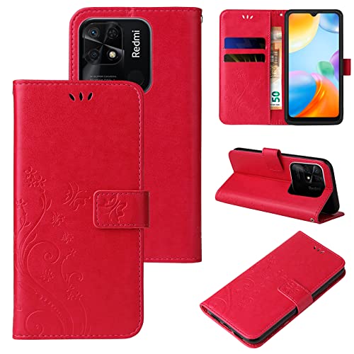 LBH Handy Hülle für Xiaomi Redmi 10C Case Handytasche Schmetterling Blumen Flower Standfunktion Schutzhülle Magnet Rundum Schutz 360 Grad Flipcase Cover Rot