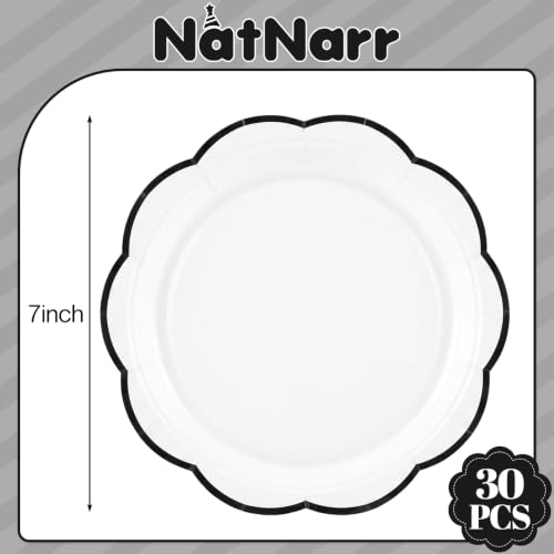 Image of 30 Pcs Black and White Paper Plates 7 Inch Halloween Plates Disposable | White Cake Dessert Plates with Black Trim Scalloped Party Plate for Baby Shower, Wedding, Bridal Shower, Birthday