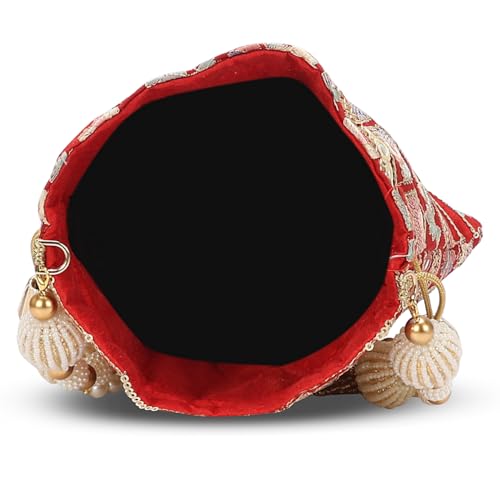 Image of LONGING TO BUY Indian Embroidered Pearl Potli Bag For Women, Sequence Design with Tassel, Wedding Potli Bags