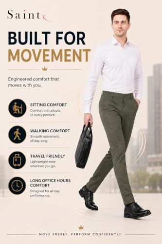 Image of SaintX Men's 4-Way Stretchable, Wrinkle Resistant, All-Day Comfort Trousers | 2 inch Expandable Waistband | Lightweight & Flexible Everyday Wear | EasyMove Office & Casual Wear (Style 37)