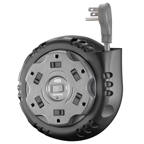 KMC 6-Outlet Surge Twist Cord Reel Retractable Power Strip Surge Protector, 1085J Surge Protection, 8ft 14/3 Retractable Extension Cord, 3-Prong Low-Profile Flat Plug, UL/ETL Certified, Gray