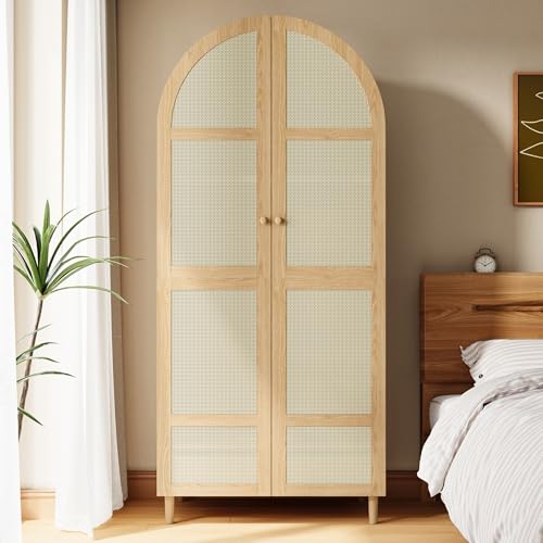 EMKK Kleiderschrank 2 Türig, Garderobenschrank Rattan Geflecht, Landhausstil Mehrzweckschrank, Wardrobe Closet, mit Großer Schublade, 180x85x52 cm (H/B/T) (Natur)