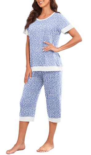 PrinStory Women's Pajama Set Short Sleeve Shirt and Capri Pants Sleepwear Pjs Sets Lounge Set4