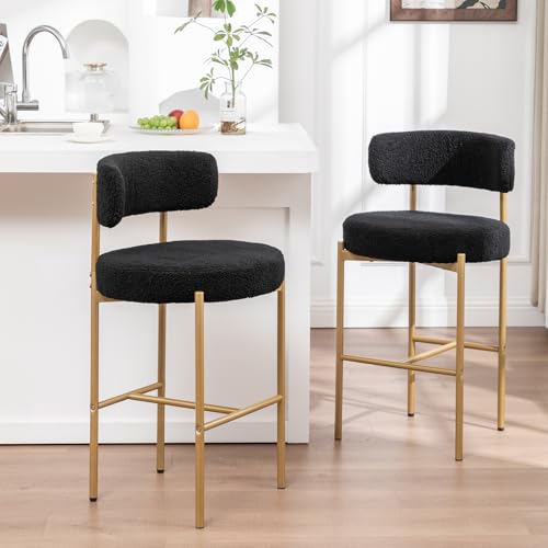Image of Cinxzar Boucle Bar Stools Set of 2, Black Counter Height Bar Stools with Backs, Gold Modern Barstools for Kitchen Island, Pub, Club