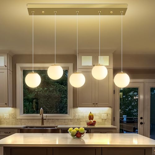 Shial Lighting 5-Lights Globe Pendant Light for Kitchen Island H 98" Gold Rectangle Chandelier Milk White Glass Pendant Lighting for Living Room Bedroom Entryway by Shial Lighting - Used condition - Image 5