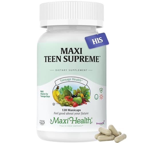 Maxi Health Multivitamin for Him – Boys Vitamins for Ages 12–17 Teen Supreme – Men’s Multivitamin for Energy, Immune Boost, Body & Brain Includes D3, Iron, Calcium, Digestive Enzymes (120 Count)