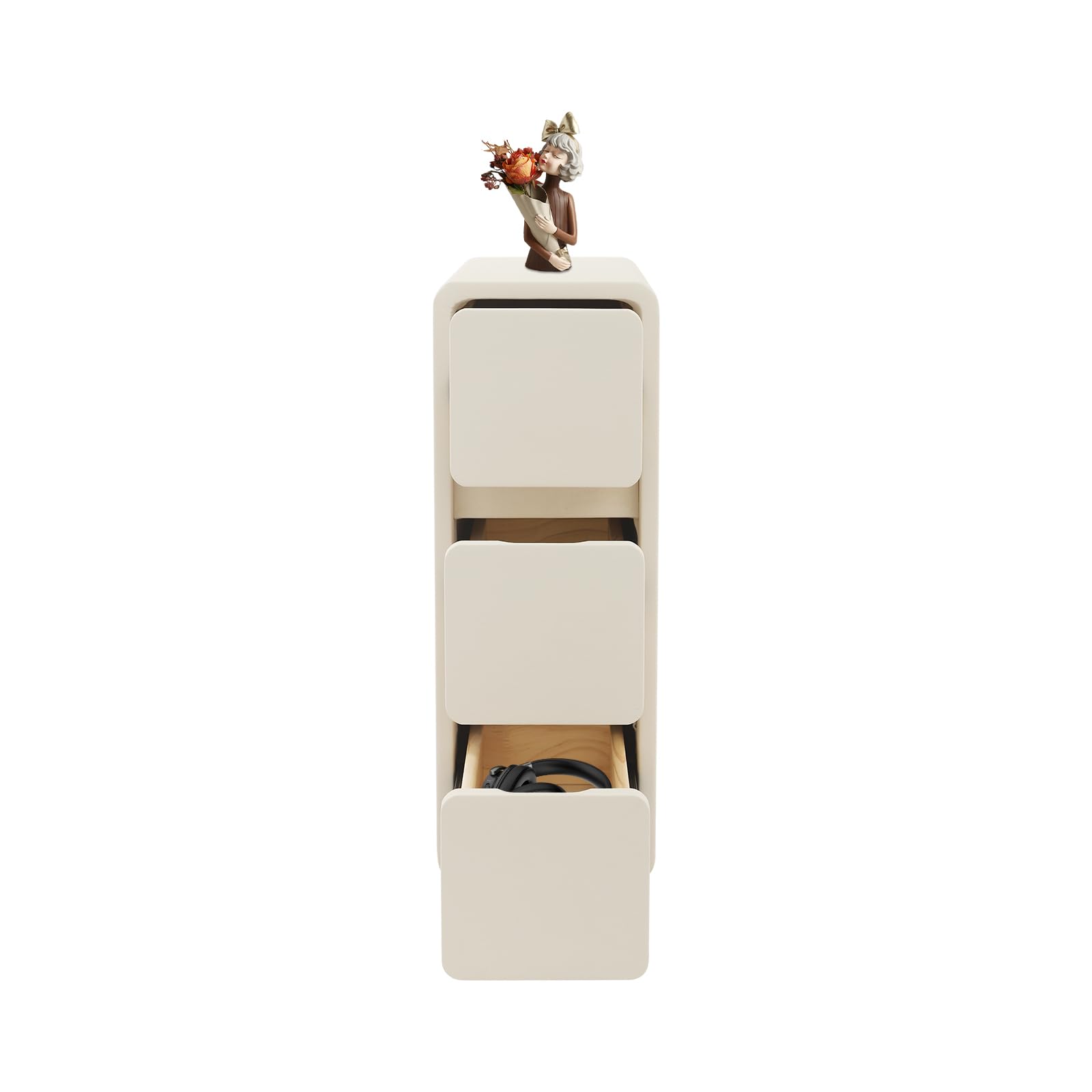 Narrow with 3 Drawer, Wooden Bedside Table Small Modern Side PU Surface for Bedroom Dorm Spaces