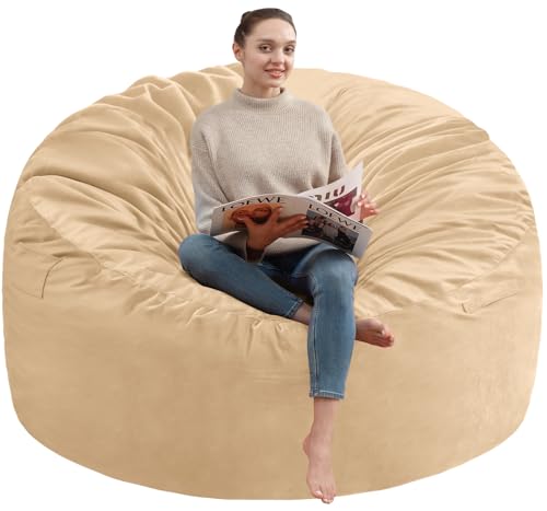 5FT Bean Bag Chair, Large Bean Bag Chairs with Memory Foam Filled, Fluffy Beanbag Sofa with Dutch Velvet Cover, Round BeanBag Chairs for Living Room, Playroom - Khaki