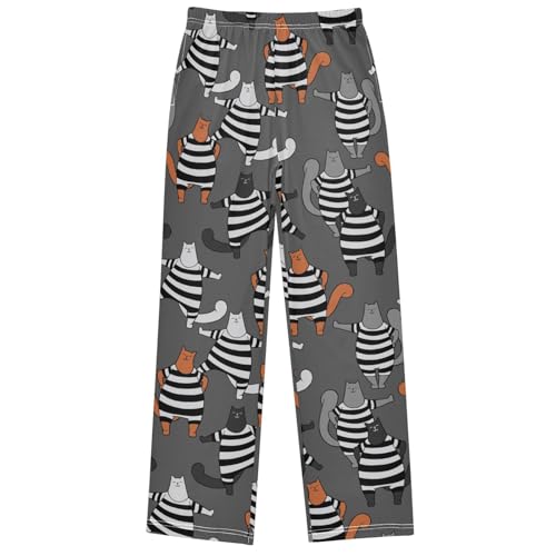 Boy's Pants Funny Cartoon Cat Striped Jogger Pants Elastic Waist Long Bottoms Trousers with Pockets 6-14 Years