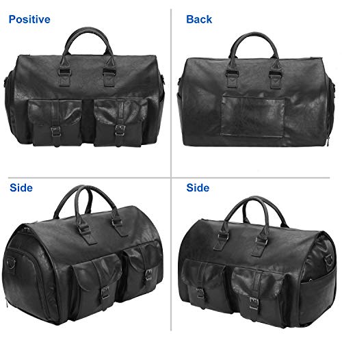 Carry On Garment Bag, Waterproof Mens Garment Bag for Travel Business, Large Leather Duffel Bag with Shoe Compartment -Black