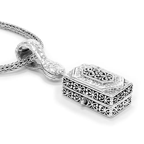 .925 Sterling Silver 1-3/4" X 5/8" Filigree Flower & Hammered Finish Rectangular Locket Enhancer Pendant - Handmade By Bali Artisan #TOP3