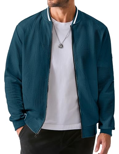 Image of JMIERR Mens Casual Jacquard Bomber Jackets Color-Block Lightweight Varsity Jacket Fashion Zipper Coat with Pockets
