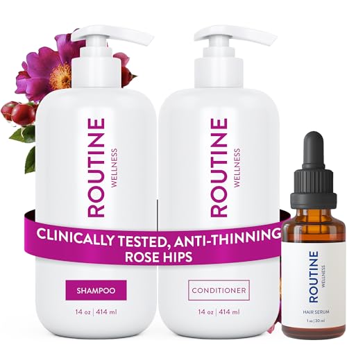 Routine Wellness Anti-Thinning Shampoo and Conditioner Set for Thinning Hair - Volumizing Color Safe Shampoo for Hair Loss & Healthier Hair - Rose Hips Set + Hair Serum