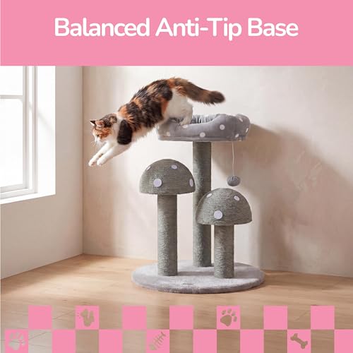 THE LICKER STORE Pixie 22.5" 3-Tier Mushroom Cat Tree with Sisal Scratching Posts, Plush Napping Perch and Dangling Bell Toy, Whimsical Activity Center for Indoor Kittens, Gray/WhiteCTR1001B by THE LICKER STORE - Used condition - Image 7