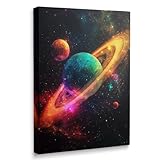 Trippy Celestial Art with Teal Planet and Rings Canvas Wall Art Framed Psychedelic Space Painting Prints Posters Artwork for Teen Room Aesthetic Galaxy Wall Decor 16x24 Inches