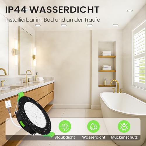 ALUSSO 6 Stück Einbaustrahler Led 68mm,4W LED Einbaustrahler Dimmbar AC 220-240V,Warmweiß 3000K Neutralweiß 4000K Kaltweiß 6500K IP44 Deckenspots für Badezimmer Küche Wohnzimmer,Schwarz
