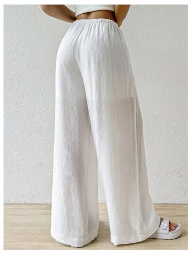 Women's Elastic Drawstring Waist Wide Leg Pants Loose Fit Sheer Cover Up Beach Pants Lounge with Pocket2