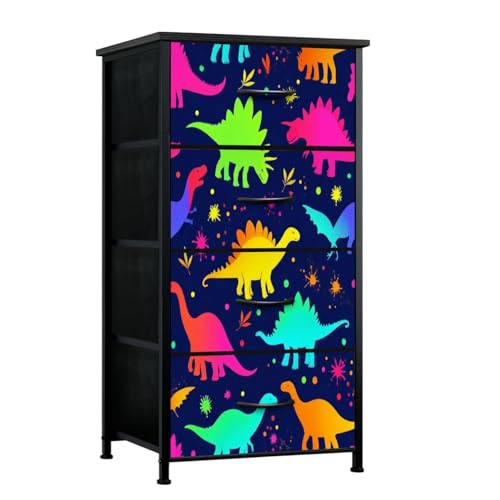 VETEB Dresser for Bedroom Seamless neon Funny Dinosaurs Paint Splashes Bright Children s for Dresser for Closet with 4 Fabric Storage Drawers, Chest of Drawers for Closet Living Room Nusery Hallway