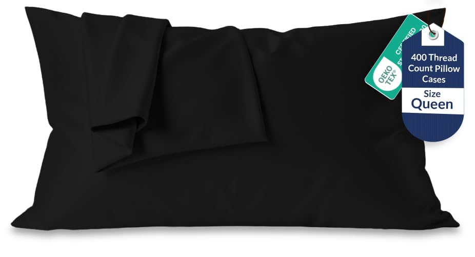 Image of Royale Linens 400 Thread Count 100% American Grown Cotton Queen Pillowcase Set - Luxury Sateen Queen Pillow case - 20 inchx30 inch Inch - Soft & Smooth Set of 2 Black Pillowcases - (Queen, Night Black)